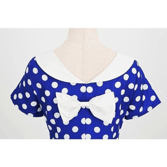 💙 NEW Pinup Retro 1950s Shawl Collar Bow Back Blue Polka Dot Tea Dress SIZE XL - Picture 3 of 16